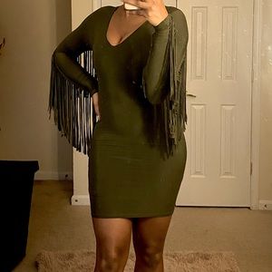 Olive Green Long Sleeve Fringed Bodycon Dress